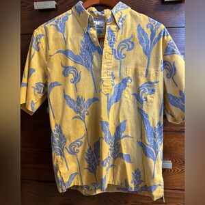 Reyn Spooner Yellow Button-Down Shirt with Blue Tropical Print
